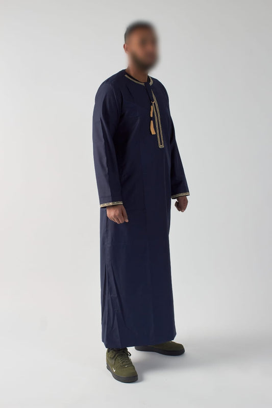 Embroidered Omani Thobe - Navy Blue